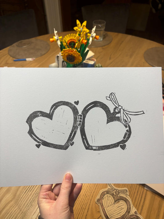 Lino Cut Lovers Locket Print